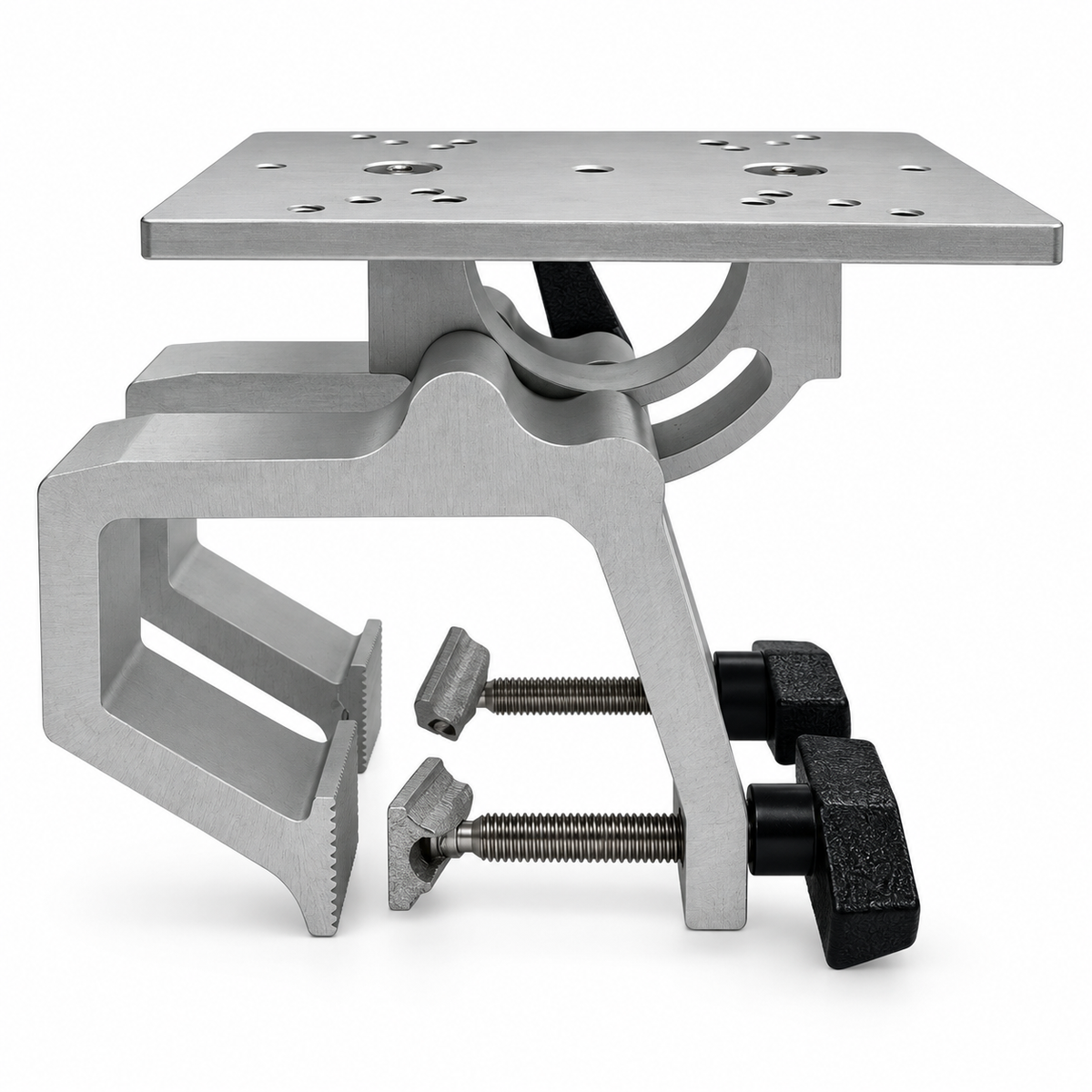 A brushed aluminum clamp stand with black adjustment knobs and wing nuts, shown on a clean white background.