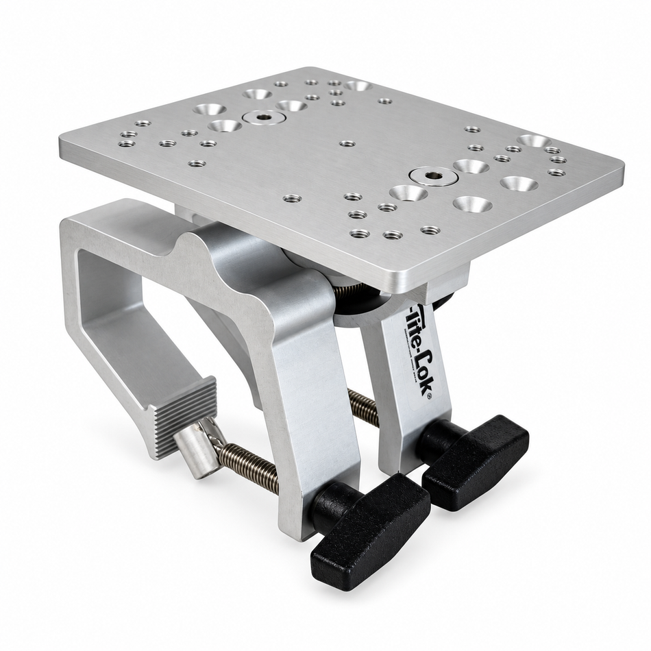 The Lok aluminum mounting plate clamp with black adjustment knobs, shown on a clean white background.