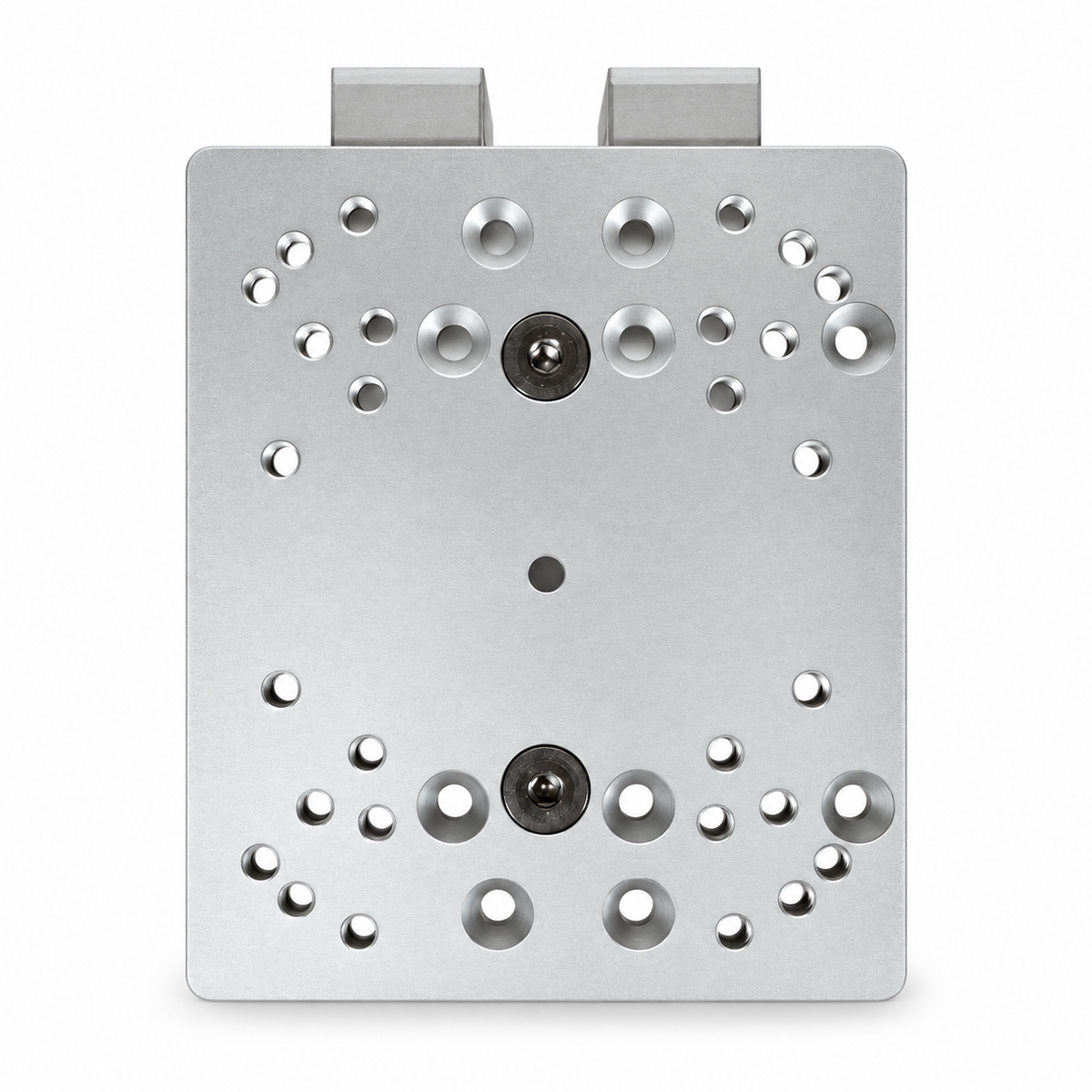 A square silver metal mounting plate with pre-drilled holes and two rectangular mounting tabs at the top, shown on a plain white background.