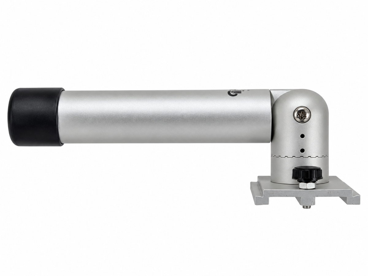 A silver aluminum telescope eyepiece mount with a black rubberized end cap and a silver mounting base, shown against a plain white background.
