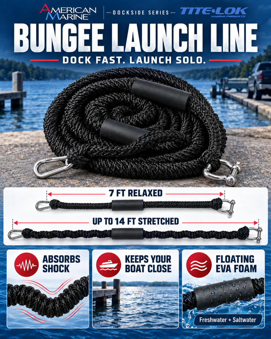 American Marine Dockside Series Tite-Lok Bungee Launch Line, a black braided rope with black foam inserts and silver metal carabiners, shown coiled on a dock with a lake background. The graphic includes product dimensions (7 ft relaxed, up to 14 ft stretched) and feature callouts for absorbing shock, keeping the boat close, and floating EVA foam.