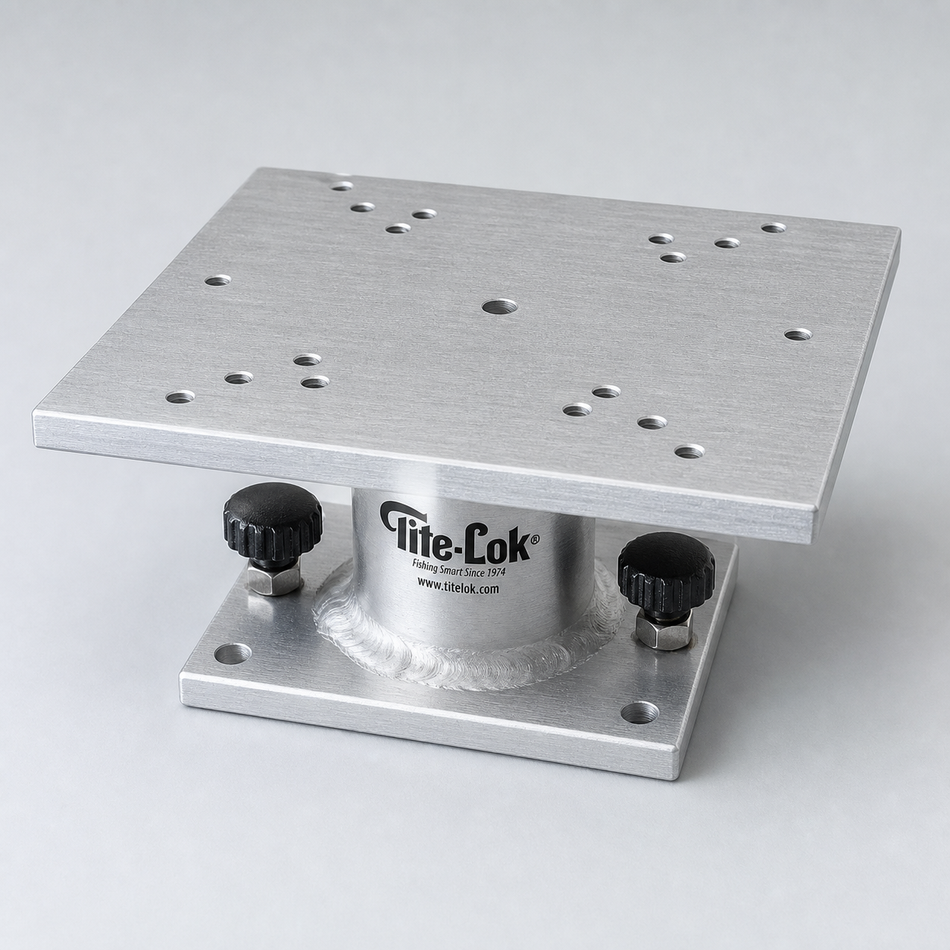 A Tite-Lok aluminum quick-disconnect base plate with two black thumbscrews, shown on a light gray background.