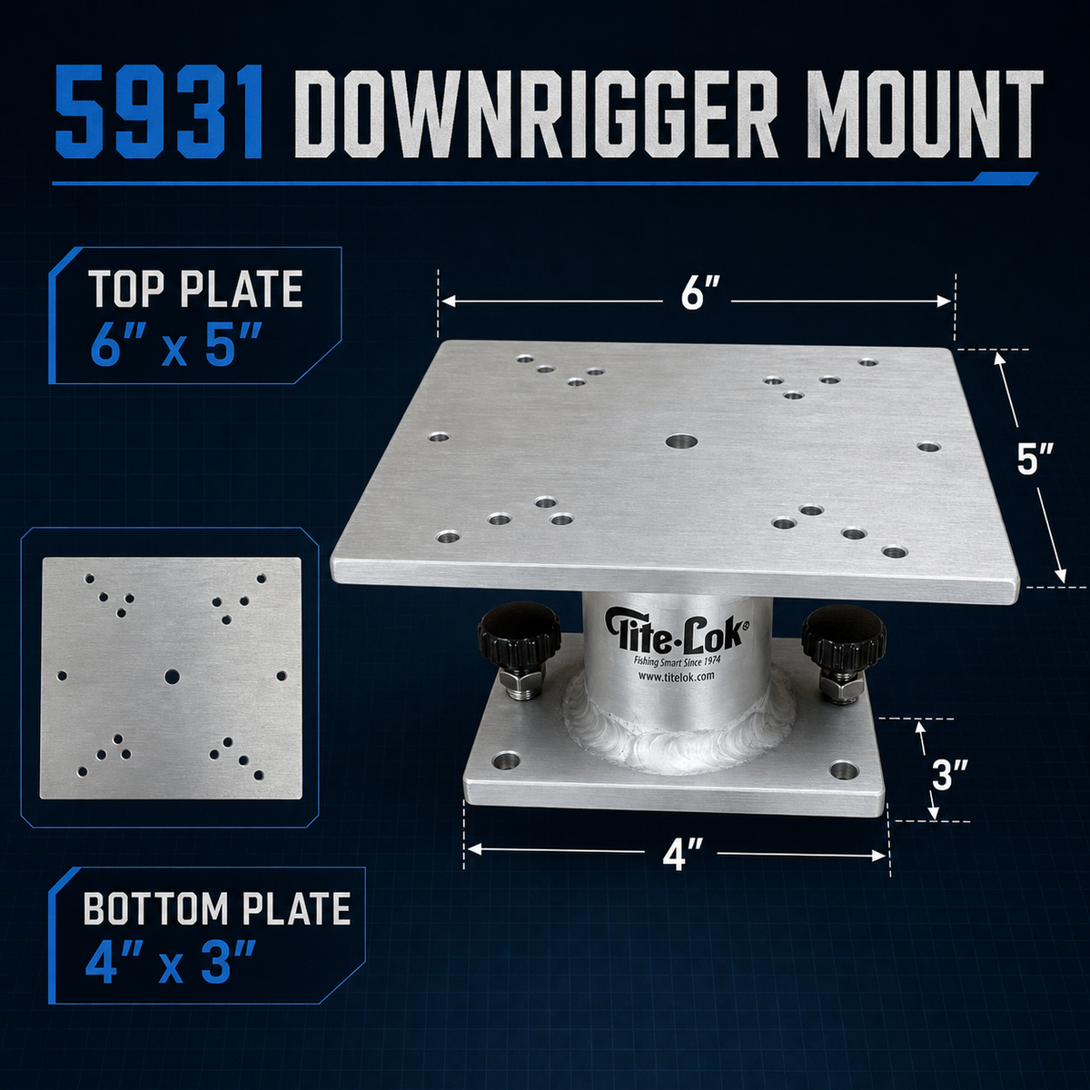 A Tite-Lok 5931 downrigger mount shown on a dark blue background with overlaid dimension labels for the top plate (6" x 5"), bottom plate (4" x 3"), and overall height/width measurements.