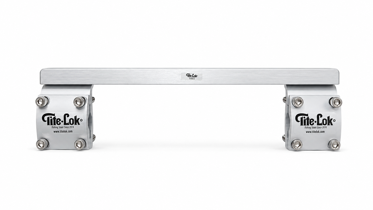 A Tite-Lok stainless steel guide rail with two mounting brackets, shown against a plain white background.